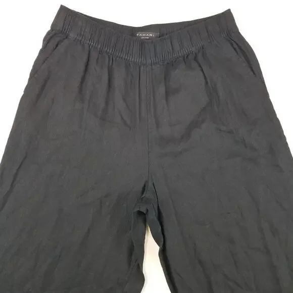 Tahari Pants Womens Large Black Linen Wide Leg Pull On Elastic Waist Pockets - Picture 3 of 11